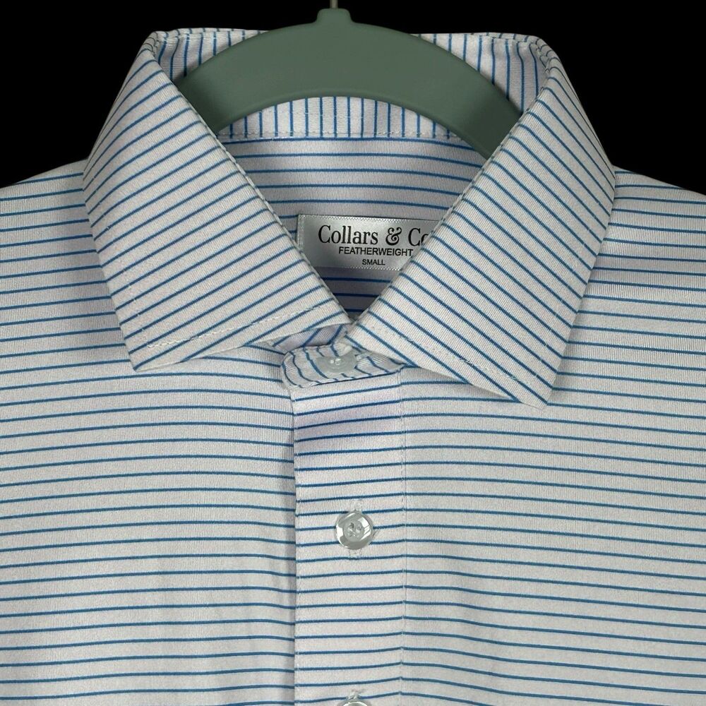 Collars & Co Polo Shirt Mens S Light Pink Blue Stripe Dress Collar Featherweight